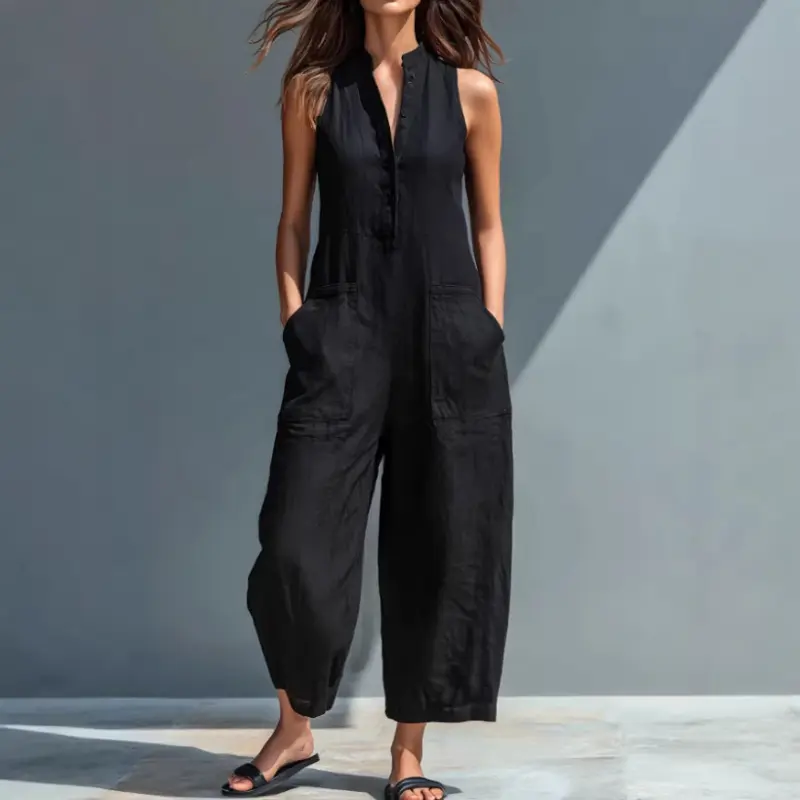 Women's Casual Loose Fit Jumpsuit with Stand Collar and Pockets, Minimalist Japanese Style Sleeveless Overall, Plus Sizes, Casual Jumpsuits, Jumpsuits For Women
