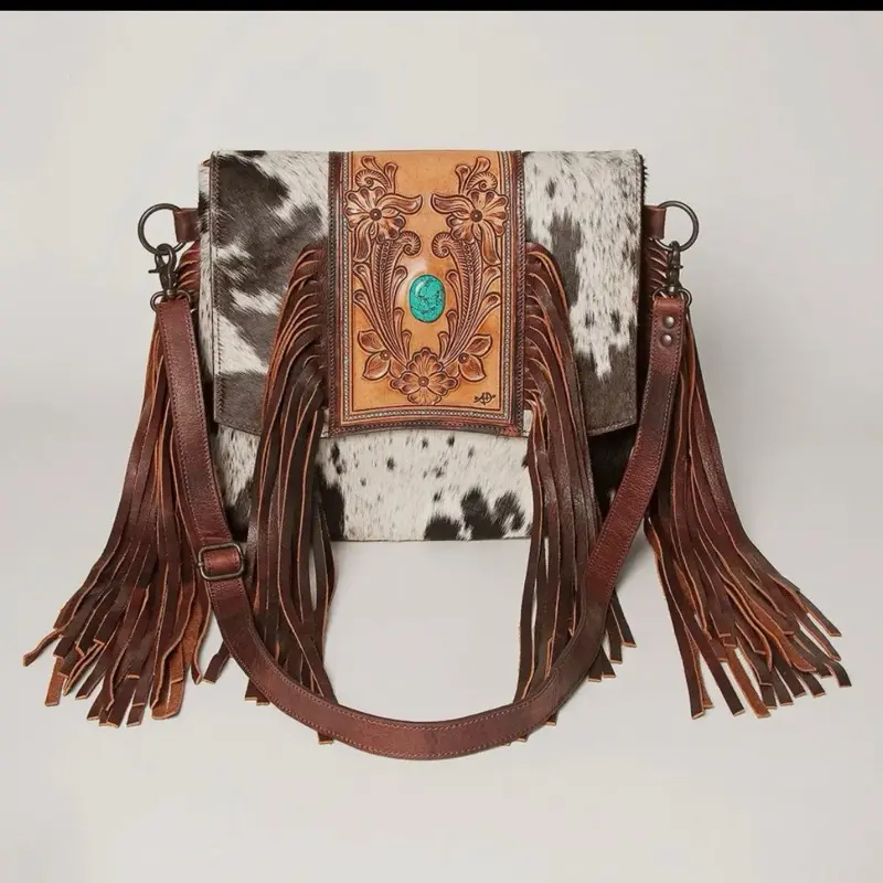 American Darling Genuine Leather & Cowhide Purse with Turquoise Stone