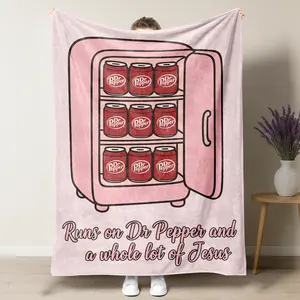 Dr Pepper Lovely Flavor Pink Funny Fridge Cozy Blankets,"Runs on Dr Pepper and a whole lot of Jesus" Funny Faith Statement Fleece Throw,All Season Blanket for Birthday Holiday Decoration,Best Gifts for Dr Pepper Fans
