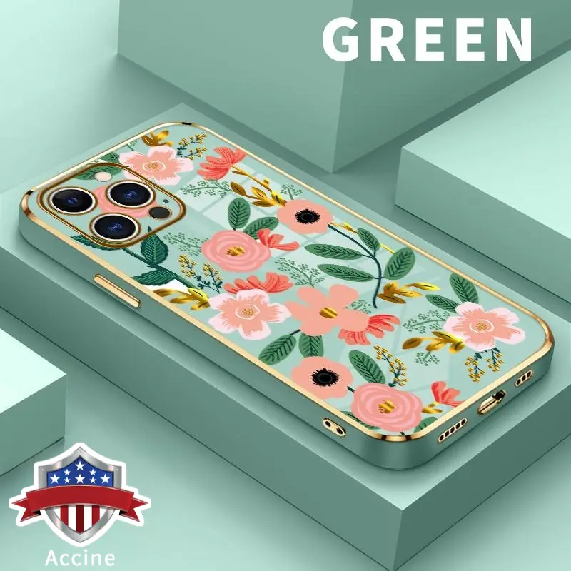 Shockproof Floral Charm Smartphone Casing - Gold Edge Premium Shine, Electroplated TPU Cover, Slim Profile, Camera Lens Protection, Abrasion Resistance, Easy Installation for iPhone 11,12,13,14 Plus,15 Pro Max,16 Air,17 Cellphone Devices
