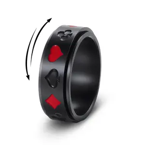 Spade, Heart, Plum Blossom, and Square Poker Card Pattern Titanium Steel Rotatable Ring
