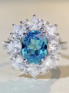 Pure Silver Ring with Aquamarine Gemstone, Full Diamond Embellished High Carbon Zircon, Cross-Border Jewelry