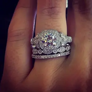 3-Piece Luxury Stacked Ring Set - Bridal Sets with Bling Cubic Zirconia, Elegant Halo Design, Lustrous Silvery, Rose Golden, and Yellow Golden Finishes, Perfect for Engagement and Wedding Jewelry