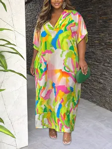 Chic Plus Size Bright Watercolor Print Dress - Oversized Kaftan for Spring Brunch and Resort Wear