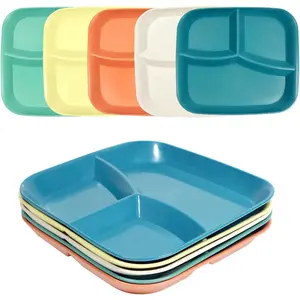 Set of 5 Wheat Straw 10" Portion Control Plates – Unbreakable, 3-Compartment, Microwave Safe. Perfect for Kids, Healthy Eating & Weight Loss