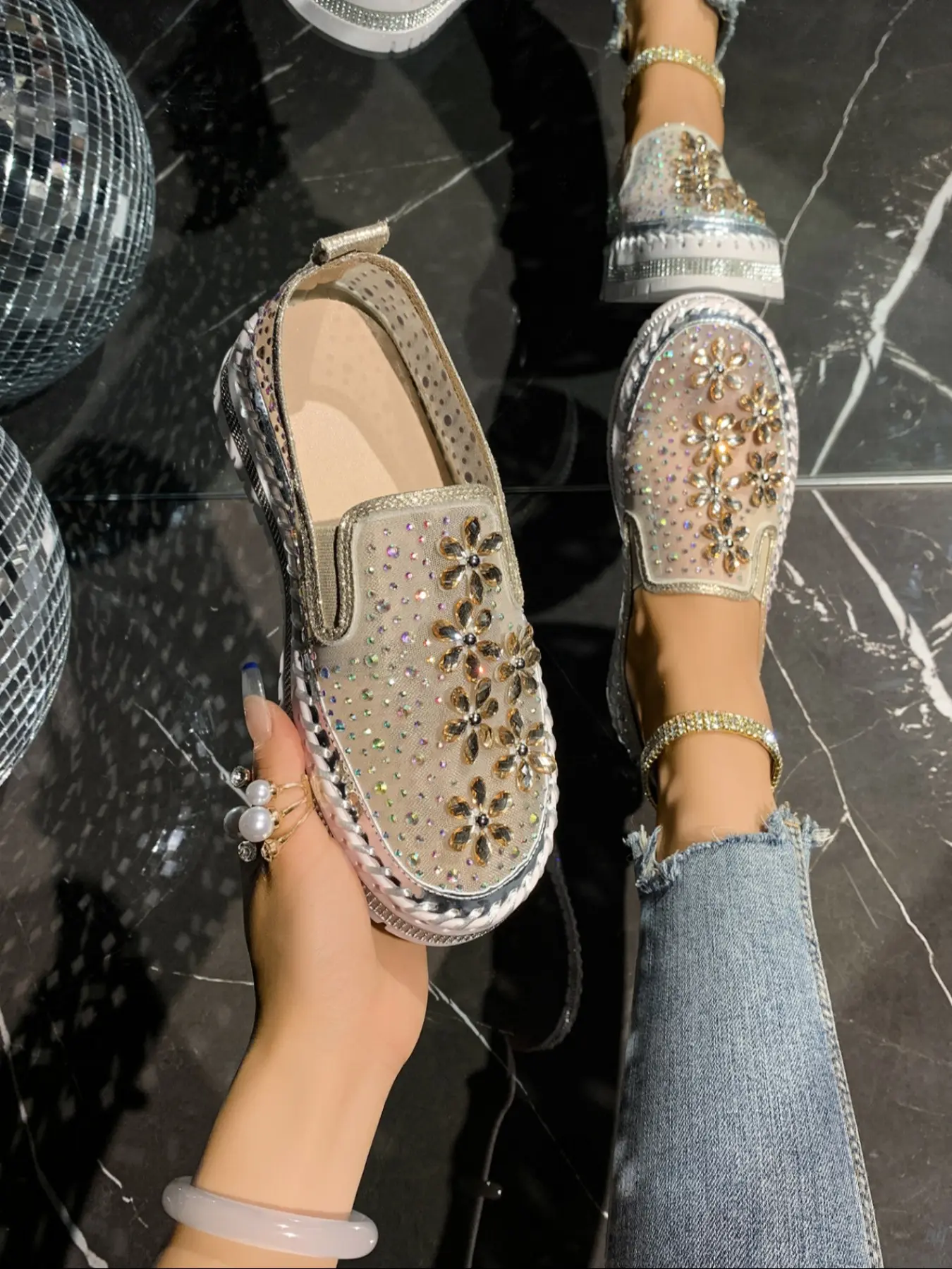 Colorful Sequins Rhinestone Elastic Band Platform Bag, Anti-Slip Women's Fashion Shoes, Comfortable Trendy Footwear for All Occasions, Slip on Style