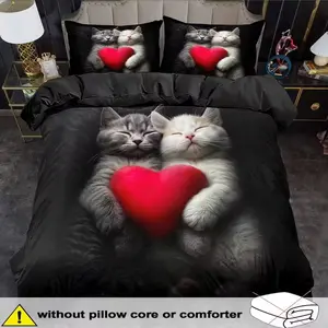 Romantic Cat Print Bedding Set, Soft and Comfortable, Comfy Bedding Sets, Ideal Gift, Cozy Bedroom Decor, Three-Piece Sheet Set, Perfect for Home