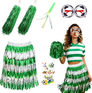 Victory 2026 Soccer Fan Cheer Kit, Green Grass Skirt, Face Tattoo Stickers, Ribbon Whistle, Handheld Cheer Props and Glasses Frame for Game Day, Stadium Spirit, Football Party