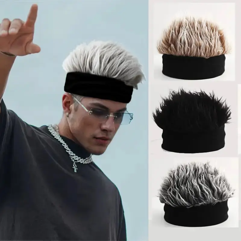 Men's Hip-Hop Faux Hair Beanie Hat - Black Knit-Style Skull Cap with -Like Synthetic Hair, Durable Party & Wig-like Accessory for Casual Wear, Prom, Themed Events - Instant Volume Hairstyle (No Maintenance)