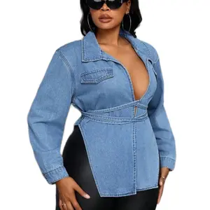 Plus Size Women Denim Jacket, Side Hollow Design, Blue, Casual Women's Fashion, No Stretch, Ideal for Thanksgiving Outfit - Womenswear