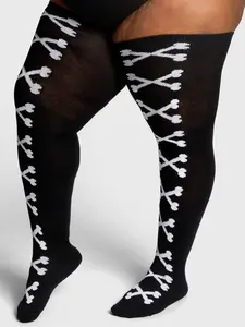 Thunda Thighs - Tubbies - Crossbones Plus Size Thigh High Socks - Women's Lightweight Cotton Blend Socks
