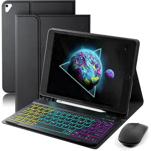 Keyboard Case for iPad 9.7 inch, iPad 6th (2018)/iPad 5th Gen(2017), iPad Pro 9.7(2016), iPad Air 2 (2014) - 7 Color Rainbow Change Backlit  Keyboard Built in Pencil Holder with - Black