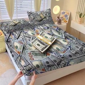 3-Piece Money Patterned Fitted Sheet Set, 100 US dollars, Cash, USD Printed Bedding Set, Decorative Bedsheet Sets, Suitable for Money Lovers for Bedroom Decoration. The Material Is Soft, Breathable, Comfortable, Including 1 Fitted Sheet and 2 Pillowcases
