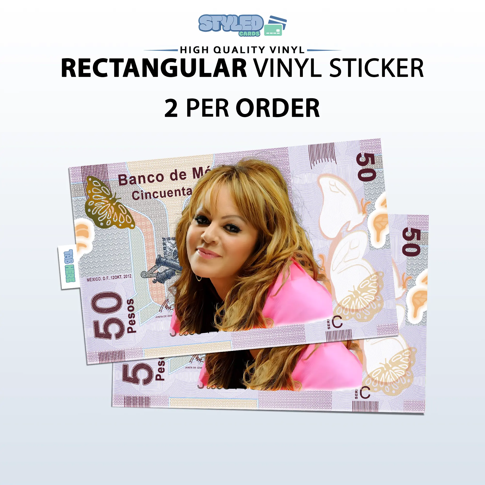 Jenni R 50 Pesos rectangle vinyl sticker - Waterproof & Stain-Resistant Jenni R 50 Pesos rectangle vinyl sticker - Waterproof & Stain-Resistant