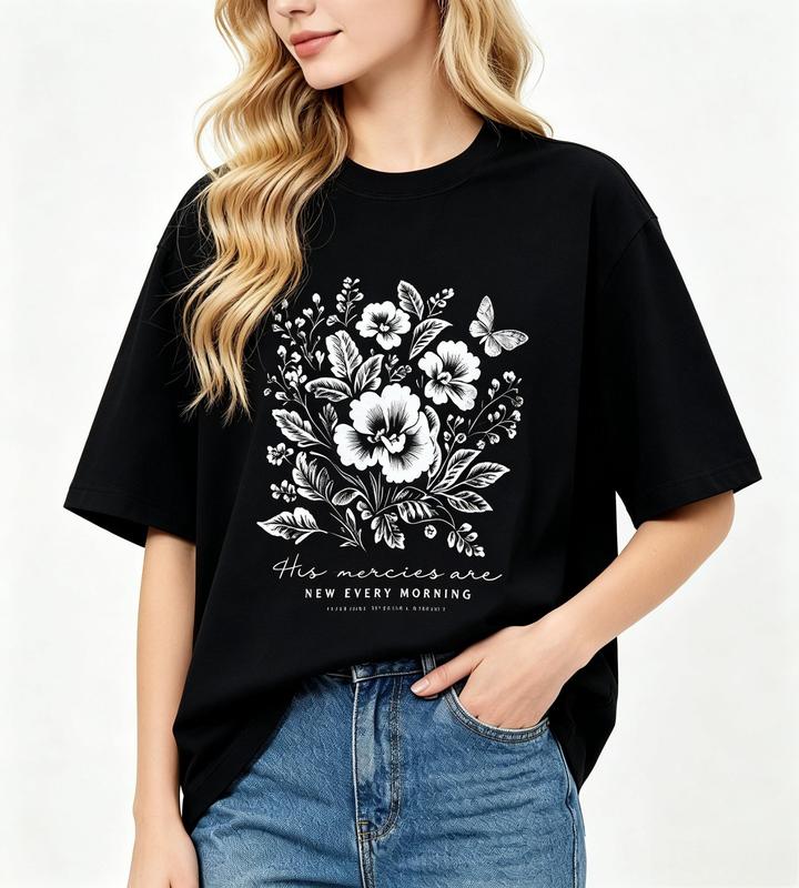 Women's Christian Cotton T-Shirt - Floral "His Mercies New Every Morning" Graphic, Short Sleeve, Crew Neck, Fit, Comfortable Casual Fabric Top