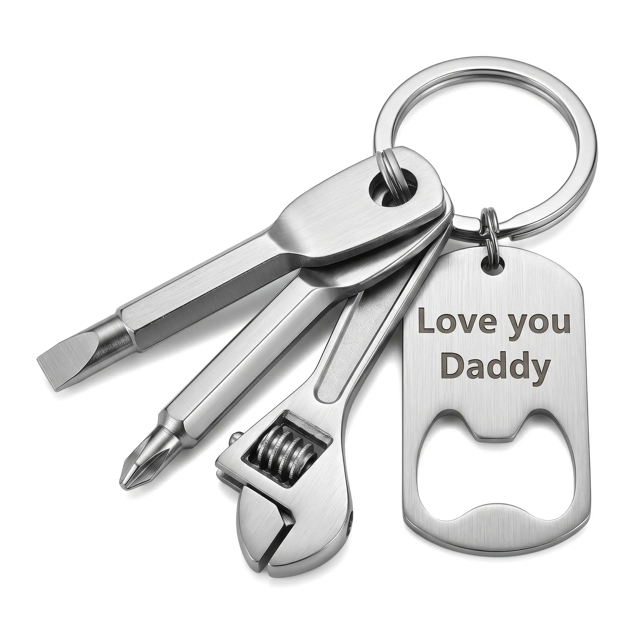 Stainless Steel 4-in-1 Functional Keychain - Sturdy, Lightweight, Compact, Smooth Finish, Screwdrivers, Adjustable Wrench, Bottle Opener, Engravable Personalized Tag, Father’s Day Gift Idea for Dad