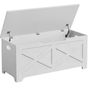 【GARVEE】39.4" Storage Chest, Wooden Storage Bench With 2 Safety Hinges, Easy Assembly, Modern Style Large Toy Chest for Entryway, Living Room, Bedroom, White/X Pattern