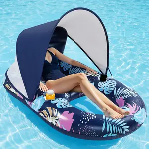 Benazcap Inflatable Pool Float, UPF50+ Removable Canopy, 120° Adjustable Large Beach Raft Lounge with 2 Cup Holders, 400 lbs Capacity for Beach, Lake Parties