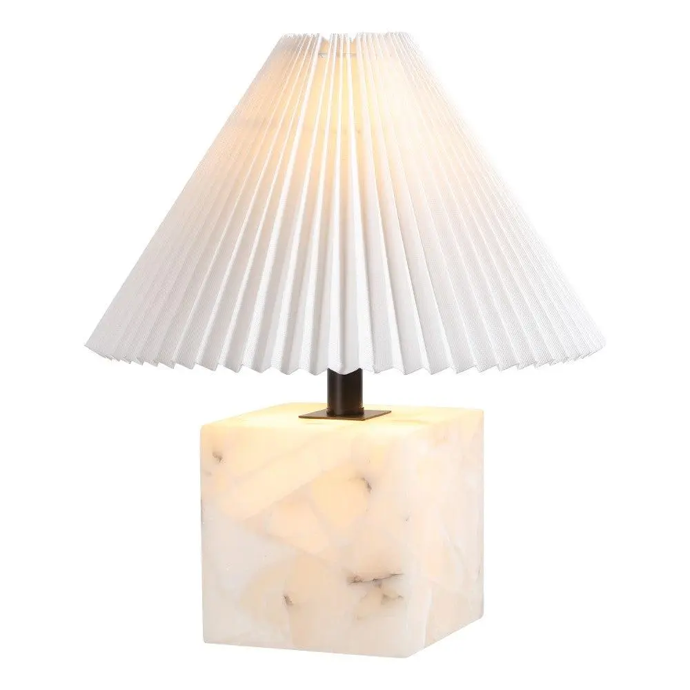 Hermin 16.5" Contemporary Minimalist Geometric Sculptural Alabaster Cube Metal LED Table Lamp with Nightlight Base and Pleated Shade