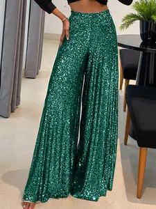 A women's wide-leg loose, inclusive trousers with good waist elastic design and sequins, Womenswear Bottoms, suitable for autumn, winter, dinner parties, evening, formal, and red carpet styles