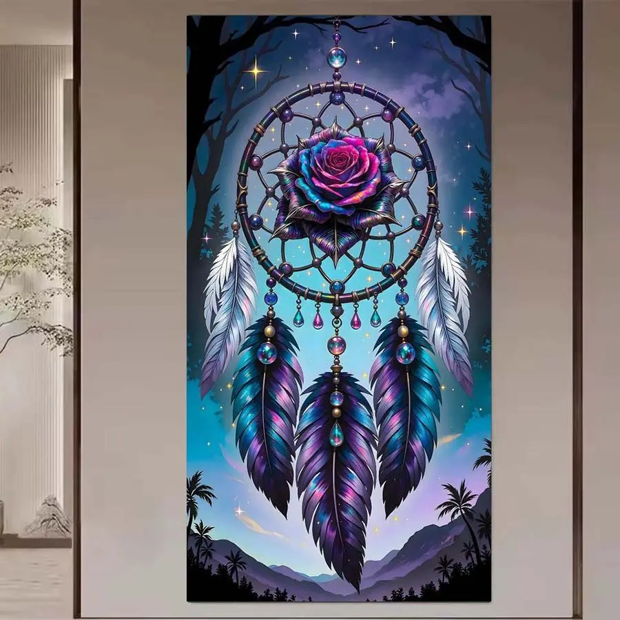 1 set of DIY diamond painting kit, 5D diamond art set, DIY decoration dreamcatcher, rose, feather mosaic, diamond art, DIY art home decoration, Wall Art Painting, suitable for Christmas.