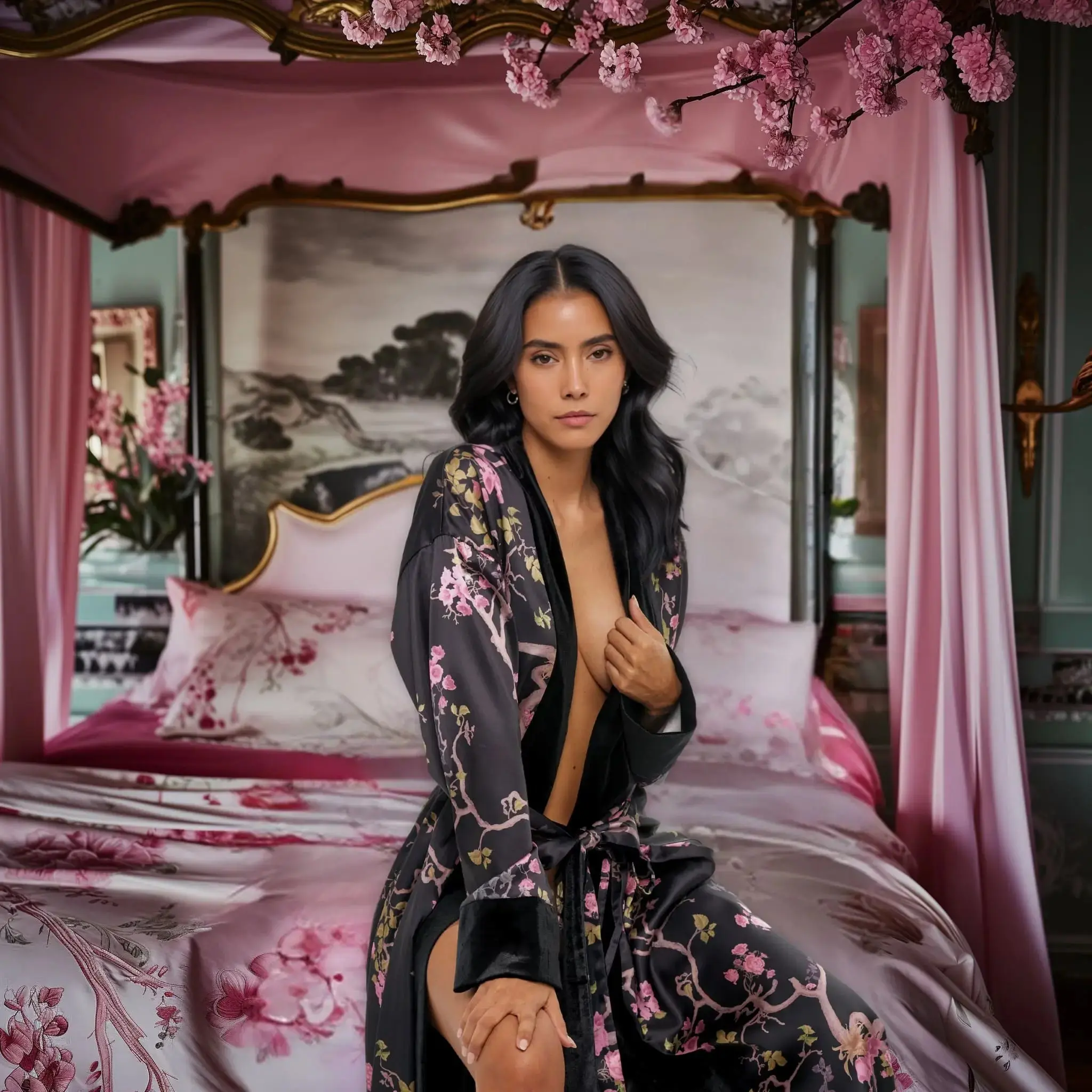 Midnight Blossom Satin Long Kimono Robe – Womenswear Evening Loungewear floral Print with faux velvet trim, Belted, Nightwear