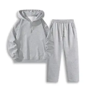 Men's casual solid color half-zip hoodie with straight-leg pants two-piece set, drawstring waist, suitable for all-season daily wear, gray, casual and stylish, comfortable and versatile, a must-have item for everyday life quarter zip tiktok shop SpringSta