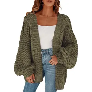 Saodimallsu Women's Open Front Chunky Knit Cardigan Loose Lantern Sleeve Oversized Sweater Coats