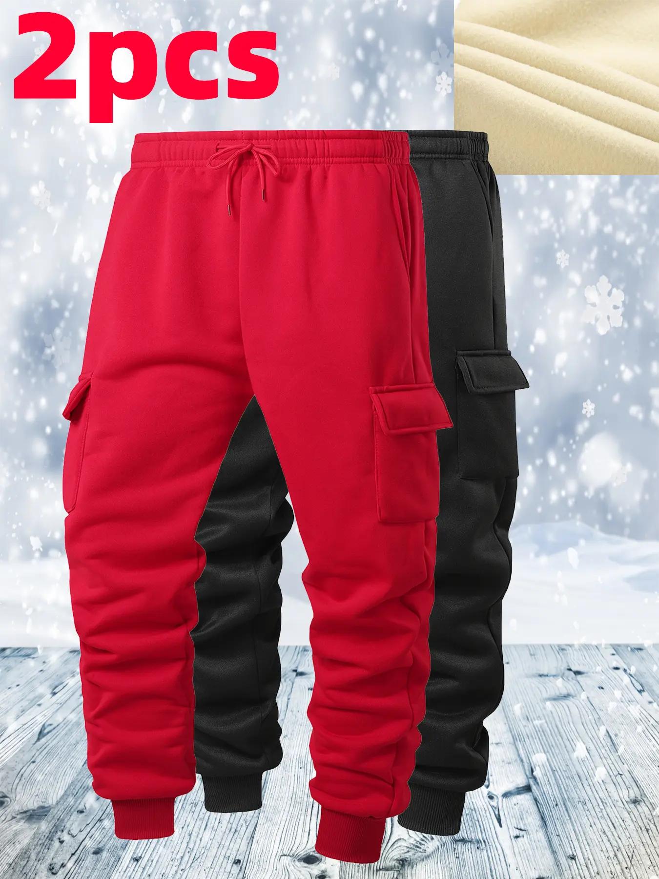 Men's Two-Piece Set American High-Street Style Cargo Sweatpants Loose Jogger Pants Elastic Cuffs Multiple 3D Pockets Casual Wear