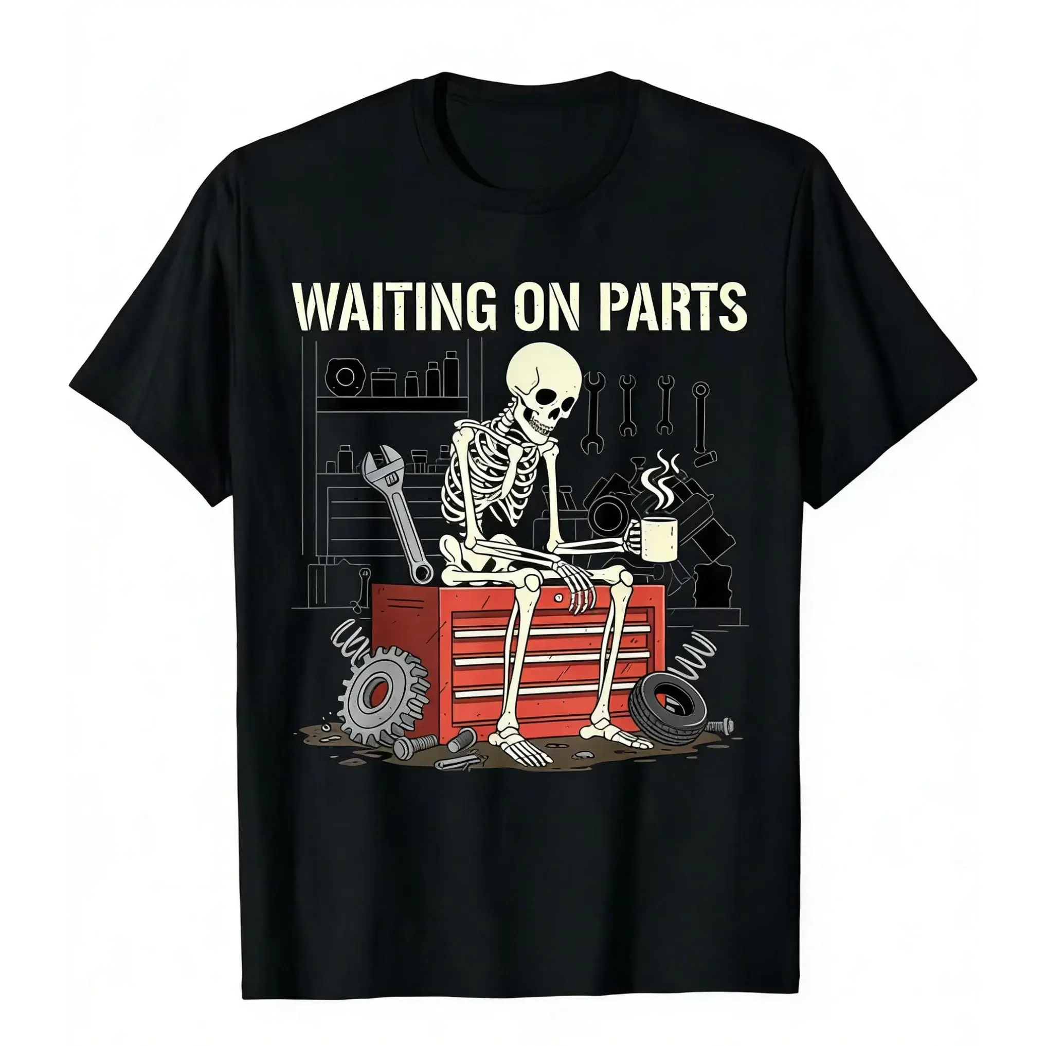 Waiting On Parts Funny Skeleton Auto Mechanic Technician T-Shirt For Men Women Couple | Trendy Tops Short Sleeve, Street Style, Comfort Tee, Casual Summer Tee, Must-Have Fashionable Tee