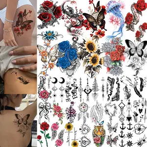 34 Sheets of Flower and Butterfly Temporary Tattoos for Women and Girls - Adhesive Fake Tattoo Stickers for Arm, Hand, Face, and Finger Decoration