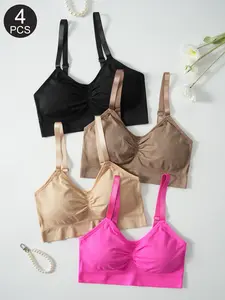 4PCS Simple Casual Comfortable Soft Tank Top Bras, No Back Straps, No Underwire, Removable Pads, Women's Daily Wear, Sports Bra