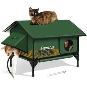 Pawcrux Outdoor Heated Cat House with High-Quality Heating Pads 6 Layer Insulation Waterproof & Indestructible One-Way Escape Door Ground Anchors