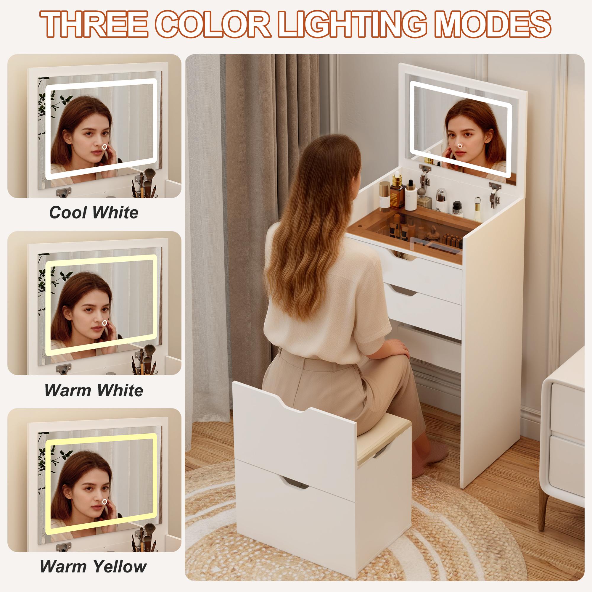 3-in-1 Lighted Makeup Vanity Set with Stool - Adjustable LED Vanity Table, 3-Color Lighting Mirror, Sliding Drawers, Hidden Storage, Space-Saving Bedroom Makeup Table with Lights, Makeup Vanity With Lights, Adjustable Vanity Set