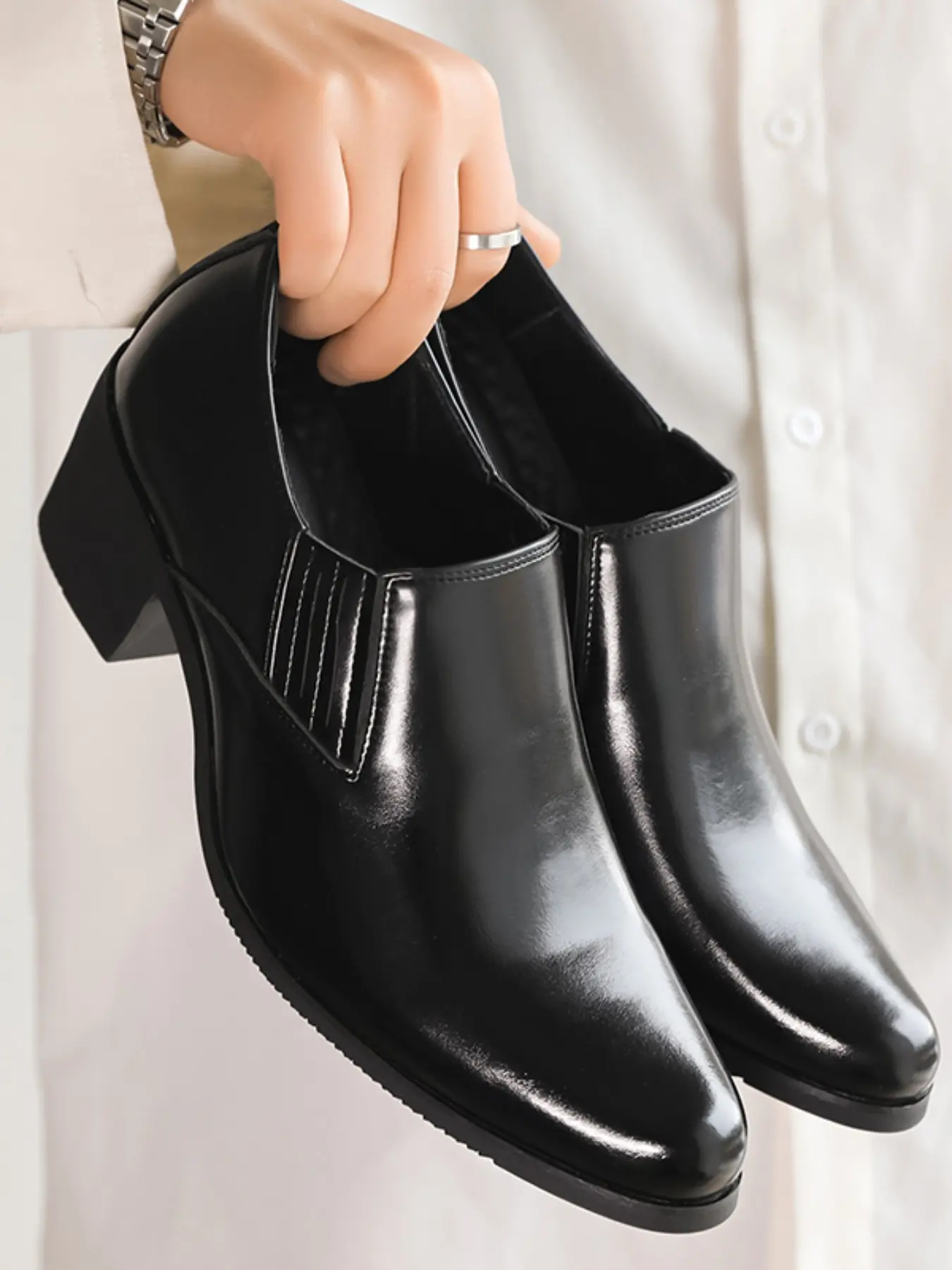 Men's Leather Mid Heel Slip-On Formal Loafers, Formal Dress Shoes, Vintage Pointed Toe Thick Sole Anti-Slip Low Top Business Chelsea Oxford Shoes for Work Parties Weddings Office Footwear, Vintage Style Shoes