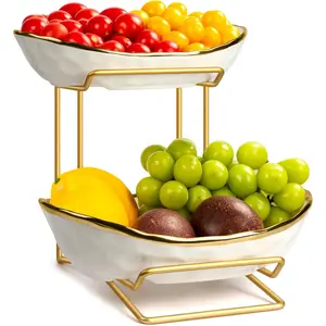 Fruit Bowl for Kitchen Counter, 2 Tier Fruit Basket for Counter, Ceramic Fruit Tray, Tiered Holder with Metal Stand, Modern Detachable Rack for Fruit Vegetable Snack Dessert Storage (&White)