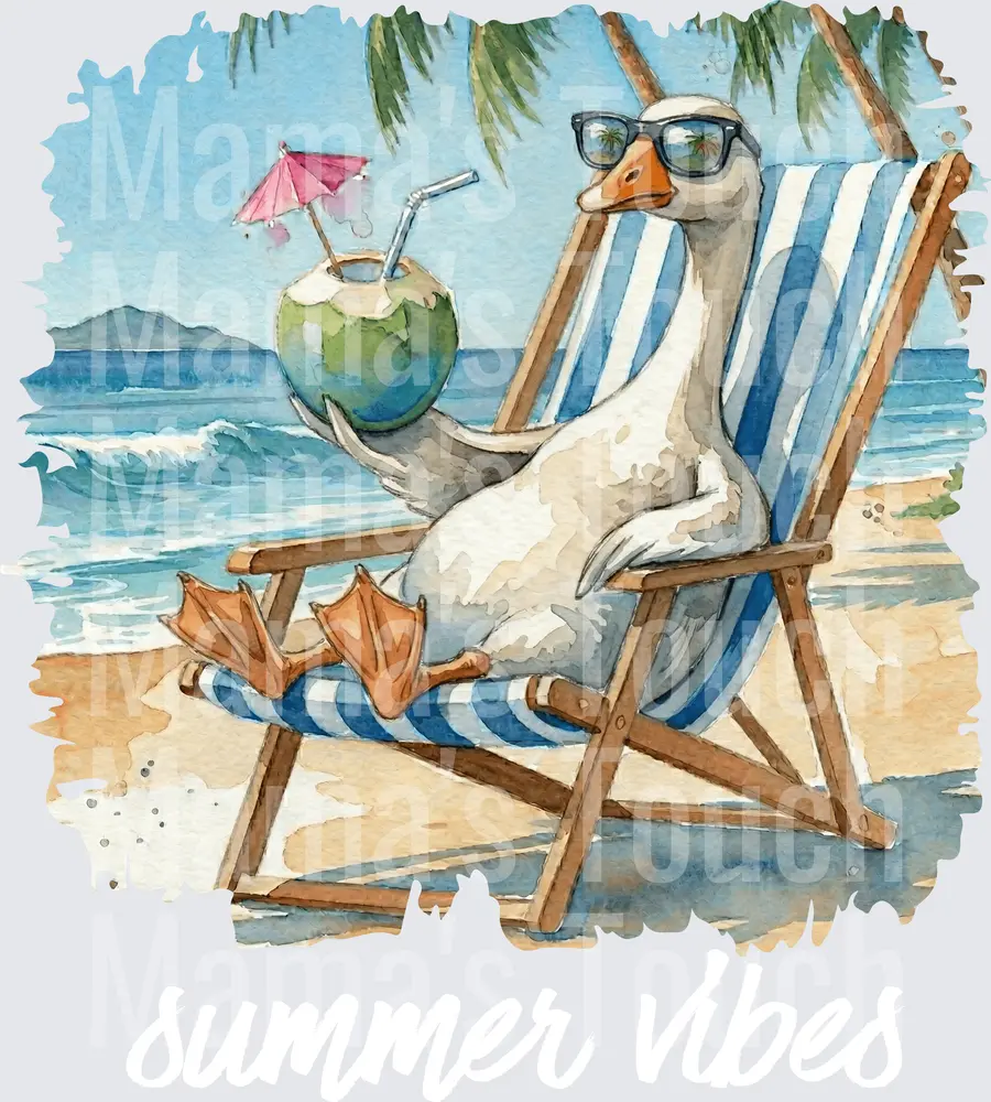 Cool Goose Relaxing on Beach Chair with Coconut Drink