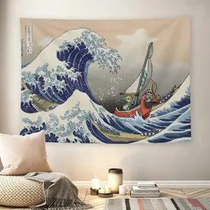 The Legend of Zelda The Great Wave Off Kanagawa Wall Flag, Anime X Ukiyo-e Crossover Decorative Tapestry, Mid-century Modern Black Flash Manga Style Living Room Wall Decor for Adult Fans, Link Ocean Adventure Wall Hanging
