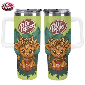 Cute Highland Cow Dr Pepper 40oz Tumbler with Handle, Insulated Stainless Steel Travel Mug, Leopard Bow Cow Soda Cup, Funny Gift for Dr Pepper Lovers, Western Cowgirl Drinkware