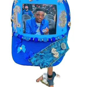 Custom Royal Blue and White Trucker Hat with Unique Design and Decorative Elements
