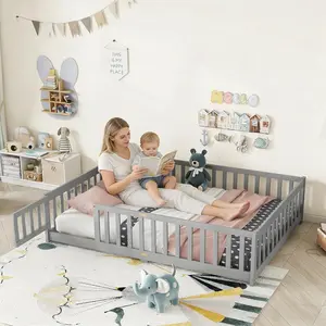 Full Size Montessori Floor Bed with Slats and Door, Solid Wood Floor Bed Frame with High Rails,Full Low Wooden Kids Beds with Guardrails,No Box Spring Needed, Gray
