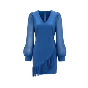 Women's Elegant V Neck Lantern Sleeve Tassel Skirt Dress, Slim Fit Waist Tapered Lightweight Mesh Sleeve, Breathable Soft Fabric Mini Dress for Summer, Chic Party Vacation Casual Outfit