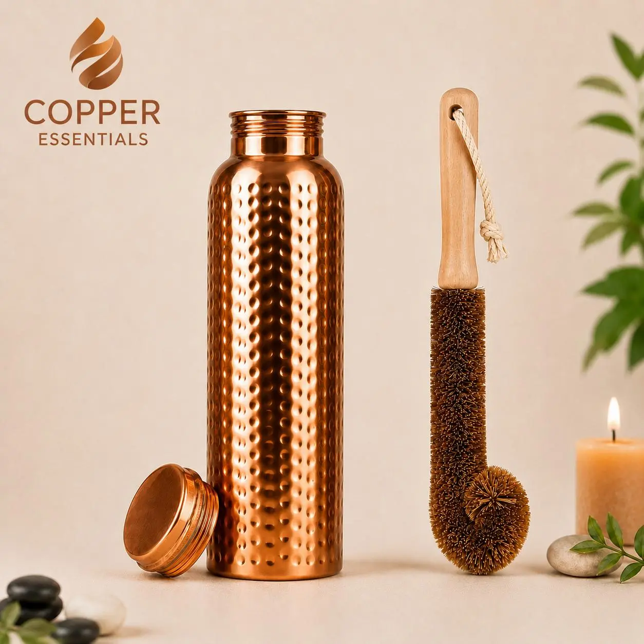 Copper 32oz Water Bottle - 100% Pure Copper, Heavy-Duty, Leak-Proof, Cleaning Brush Included, Ideal for Drinkware - Tumbler