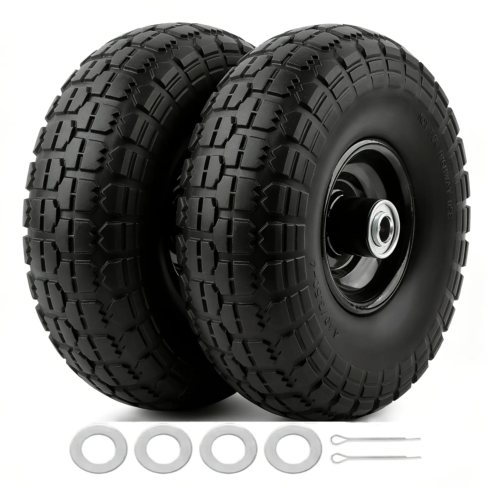 10" Flat Free Solid Rubber Replacement Tires (2 Pack, 3.50-4", 5/8" Bearings, 2.2" Offset Hub, 100% No-Nail Design) - Quiet Rolling for Rough Terrain Wheelbarrows, Garden Carts, Handcarts, Heavy Loads