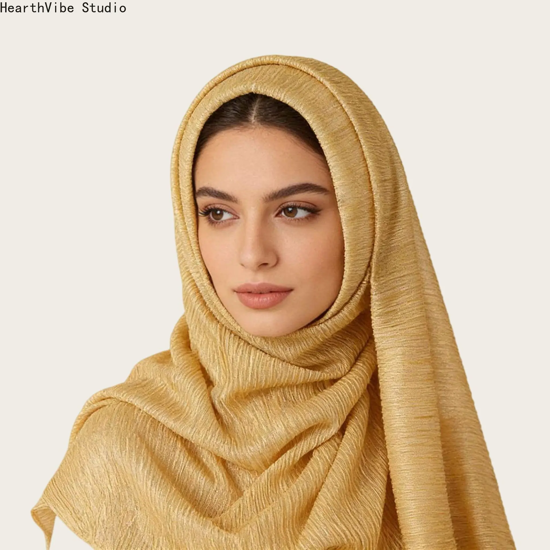 Women's Luxury Chiffon Hijab, Gold Metallic Pleated Scarf, Soft Shimmering Lightweight Wrap for Wedding Guests