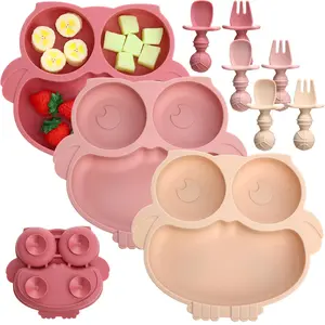 Baby Silicone Feeding Set, Owl Plate with Suction Base, Basketball Shaped Fork Spoon, Unisex Baby Utensils for Toddlers