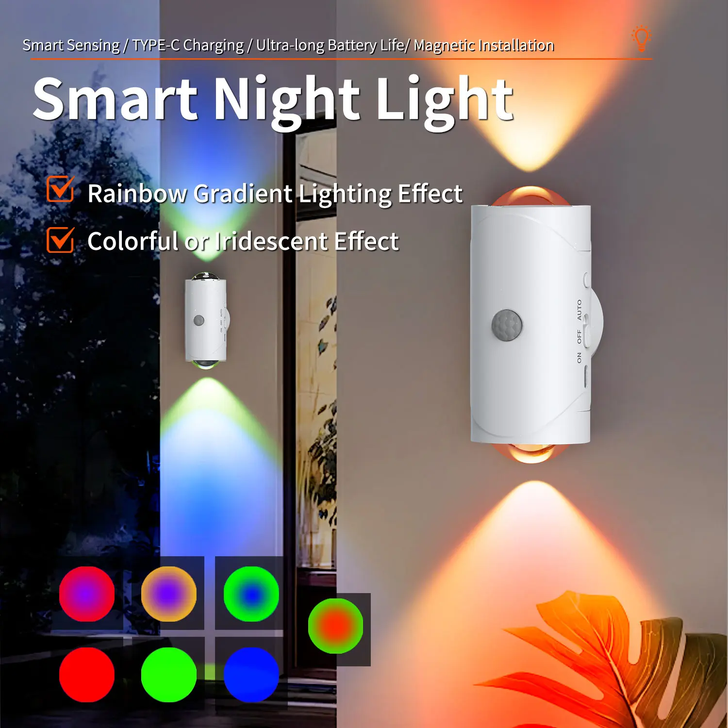 USB Rechargeable Smart LED Night Light with Motion Sensor, Dimmable Wall Lamp, RGB Gradient Ambient Lighting, Magnetic & Stick-on Design, Wall Sconce for Bedroom, Entryway, Hallway, Desk or Stairs, Convenient Room Decor Lamp with Easy Charging