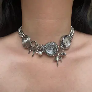 Handmade Elegant Heart Watch Necklace for Women with Pearl and Cross Pendants – Y2K Cyberpunk Aesthetic Jewelry Choker – Vintage Inspired Statement Piece – Trendy Gothic Necklace for Streetwear and Party Looks – Perfect Blend of Edgy and Feminine Vibes