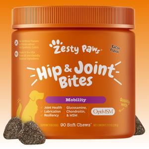 Zesty Paws Hip & Joint Mobility Bites for Dogs Natural Joint Health Supplements with OptiMSM Glucosamine & Chondroitin Sulfate 90 Soft Chews