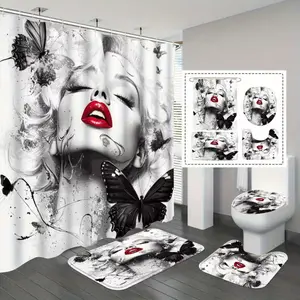 1/4pcs Black and white shower curtain set with red lip pattern, includes non-slip mat, U-shaped rug, toilet seat cover, 12 shower curtain hooks, perfect for bathroom decoration, partitioning, Bathroom Shower Equipment
